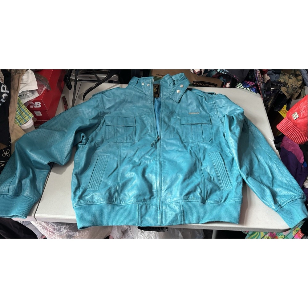Live Mechanics Vtg Green Perforated 100% Leather Bomber Moto Jacket sz: 3XL